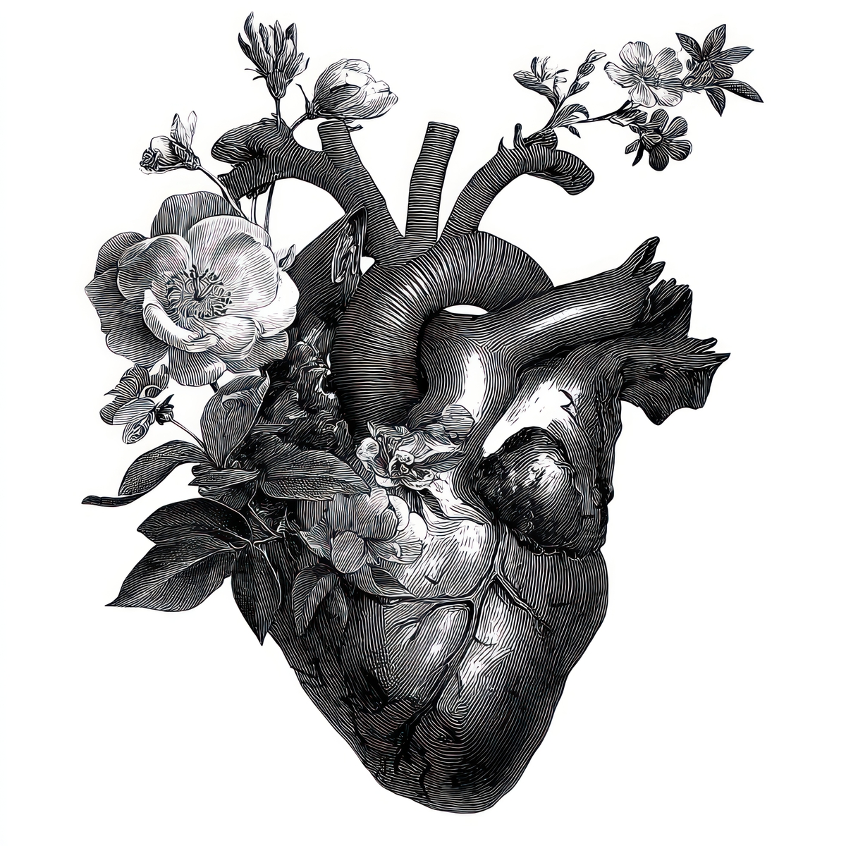 Human heart and floral flowers black white.
